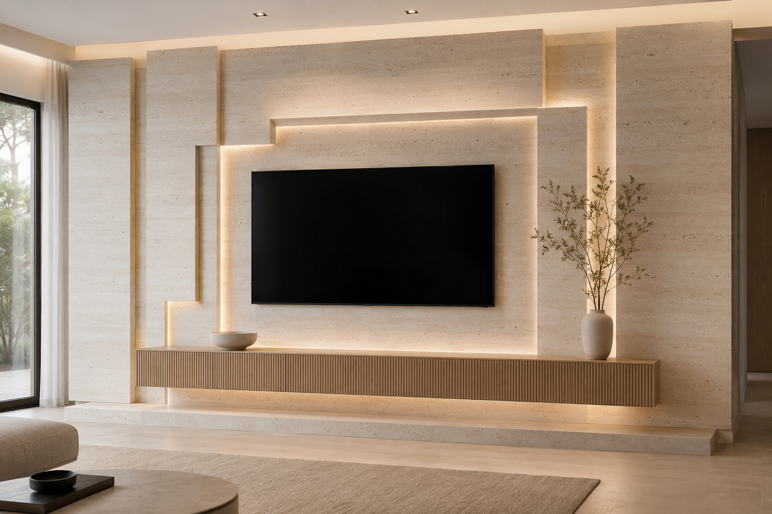 A modern living room featuring a large black flat-screen TV mounted on a light beige textured stone wall with integrated warm LED backlighting and a floating slatted media console below.