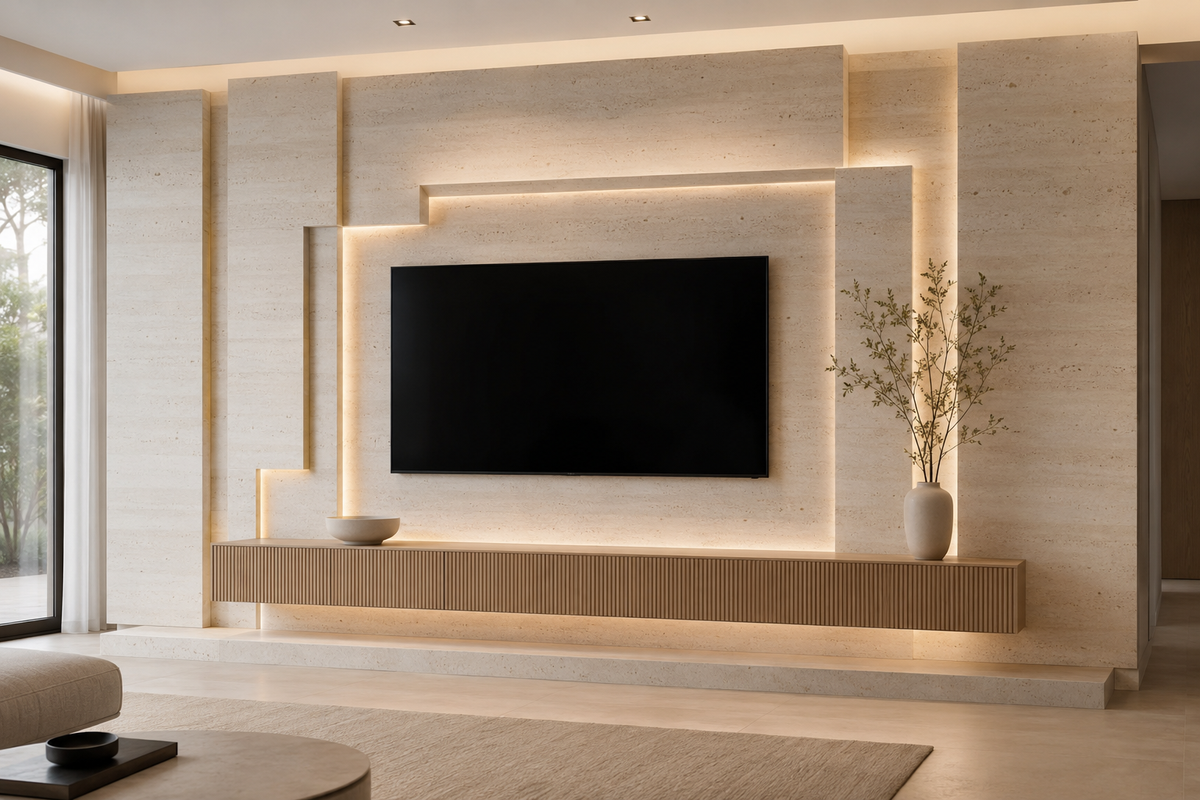 A modern living room featuring a large black flat-screen TV mounted on a light beige textured stone wall with integrated warm LED backlighting and a floating slatted media console below.