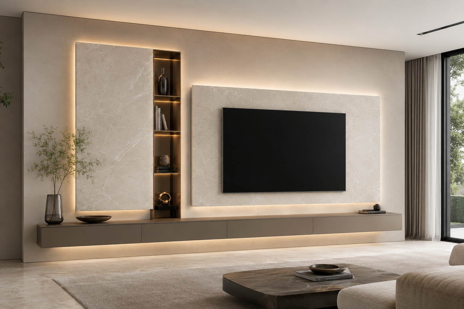 A modern living room featuring a large black flat-screen TV mounted on a light beige textured wall, flanked by built-in shelving with warm LED backlighting and a floating media console below.