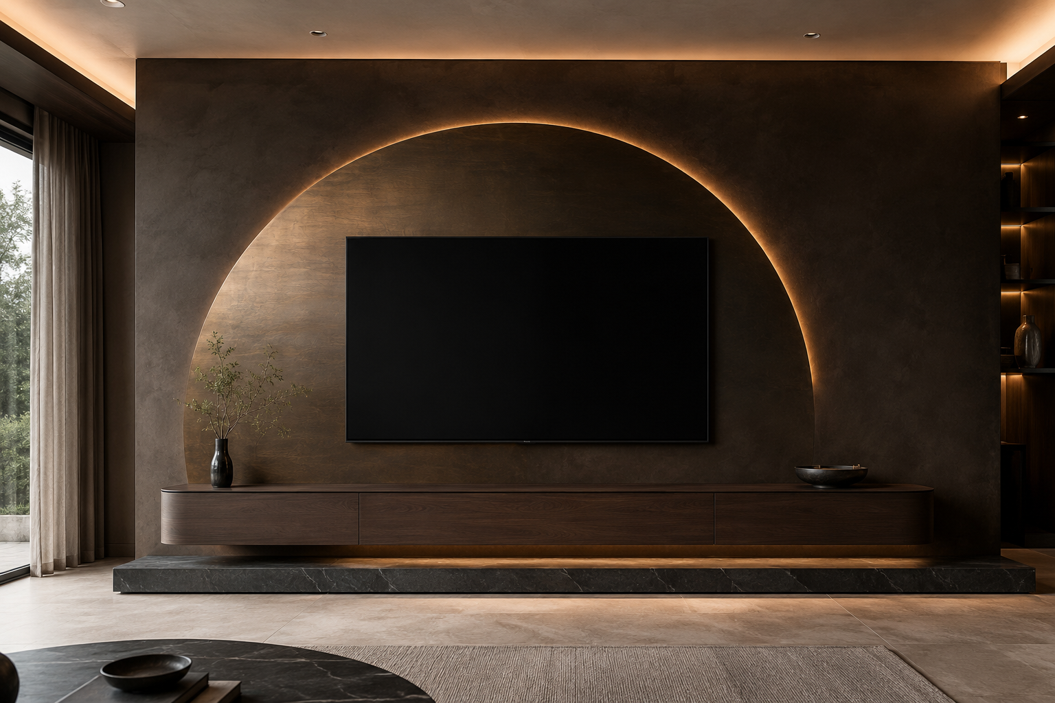 A modern living room interior featuring a large black flat-screen TV mounted on a textured dark wall with an illuminated arched light effect behind it. Below the TV is a low wooden media console, and the room is lit with warm ambient lighting.