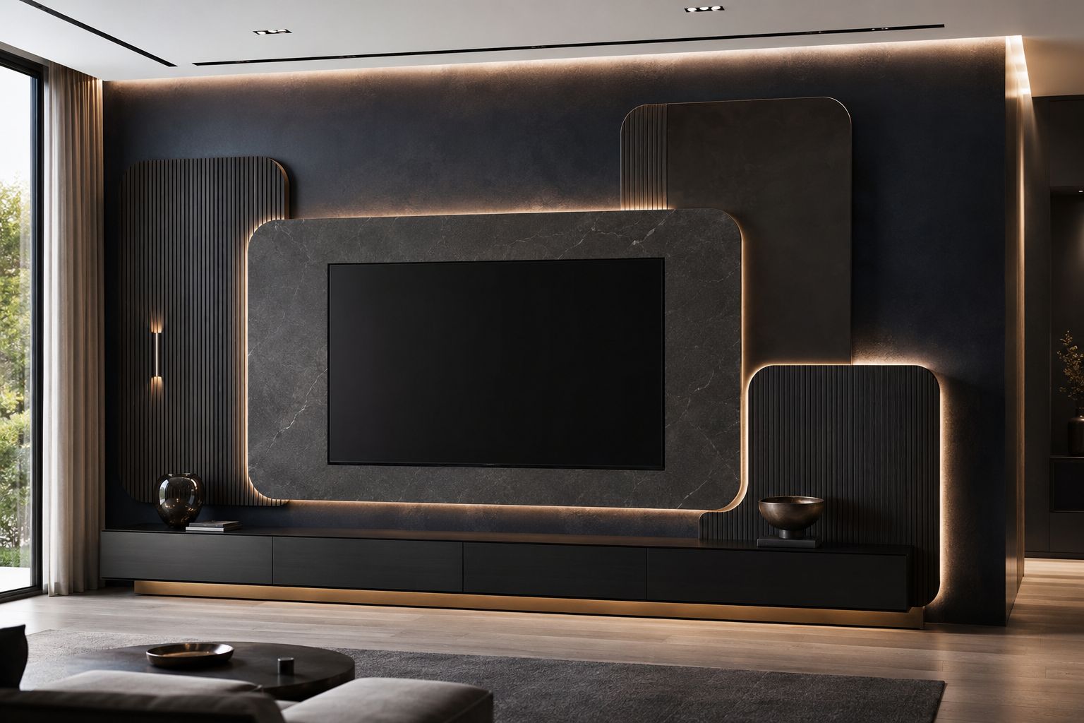 A modern living room featuring a large black TV mounted on a dark textured wall with integrated warm LED lighting and a matching black media console.