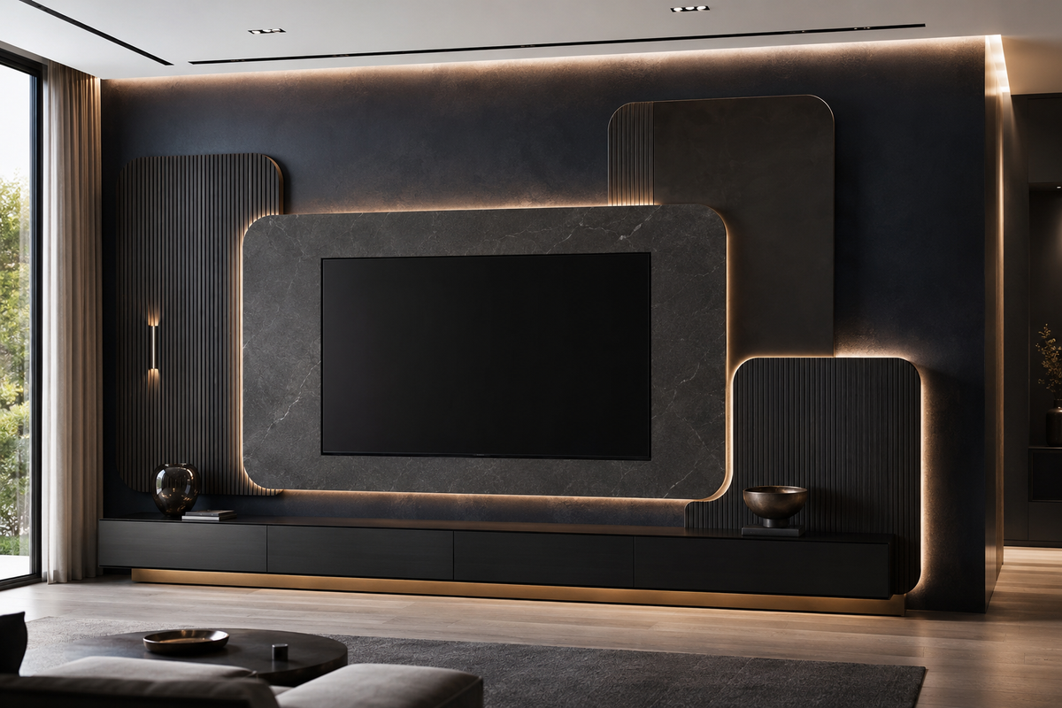 A modern living room featuring a large black TV mounted on a dark textured wall with integrated warm LED lighting and a matching black media console.