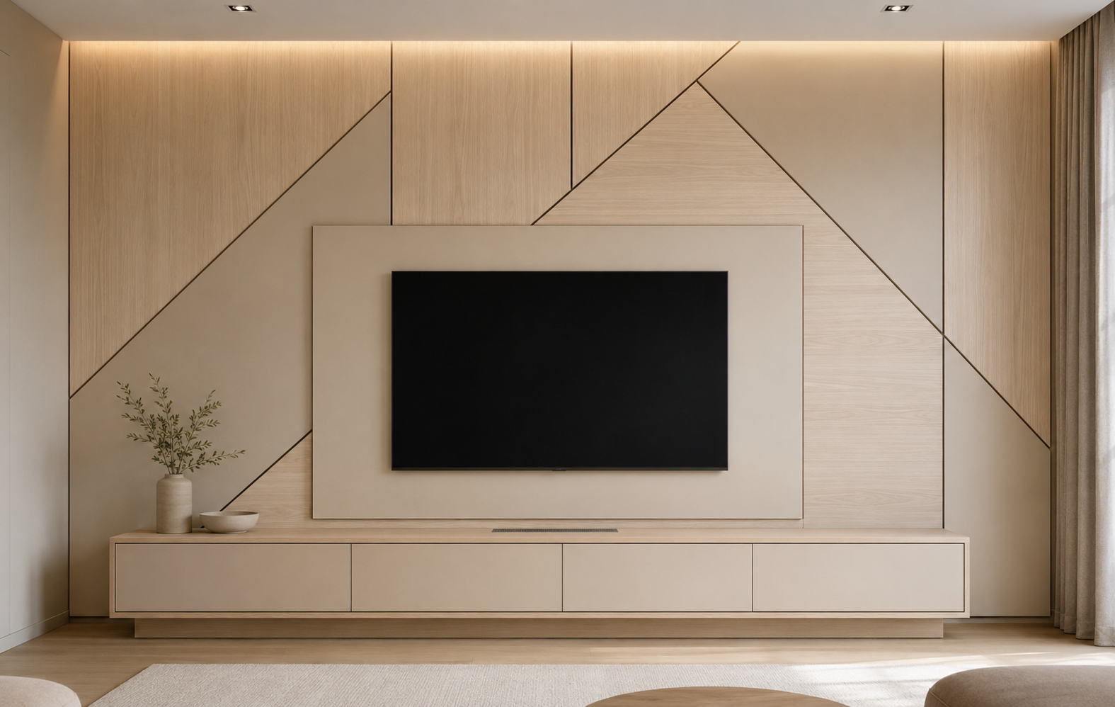 A modern living room featuring a light wood geometric accent wall with a recessed black flat-screen TV, a matching light wood media console, and a small vase with branches on the left.