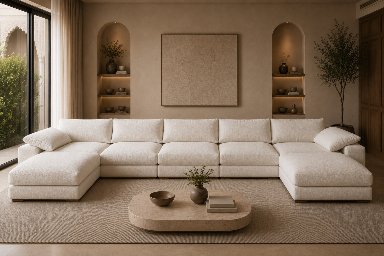 A modern U-shaped sectional sofa in off-white textured fabric, styled in a warm, minimalist living room with beige walls, built-in arched shelves, and a round wooden coffee table.