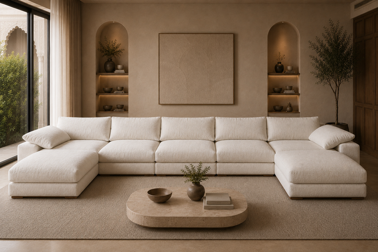 A modern U-shaped sectional sofa in off-white textured fabric, styled in a warm, minimalist living room with beige walls, built-in arched shelves, and a round wooden coffee table.