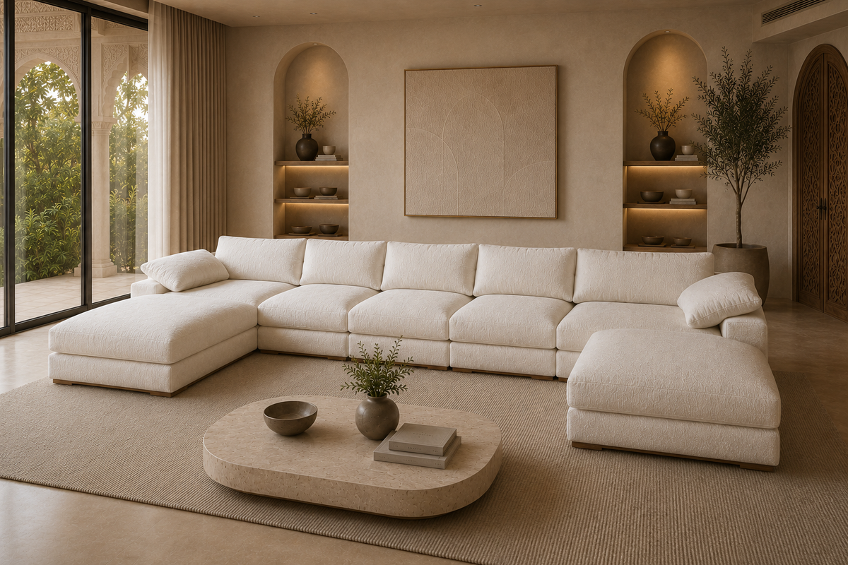 Nimbus Cloud Sofa construction layers showing bouclé upholstery, siliconized fibre, Molty Flex or memory foam, support foam, springs, webbing and solid kikar wood.