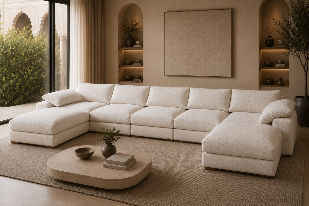 A large cream-colored modular sectional sofa with two chaise arms, styled in a warm, modern minimalist living room with a matching beige coffee table and textured rug.