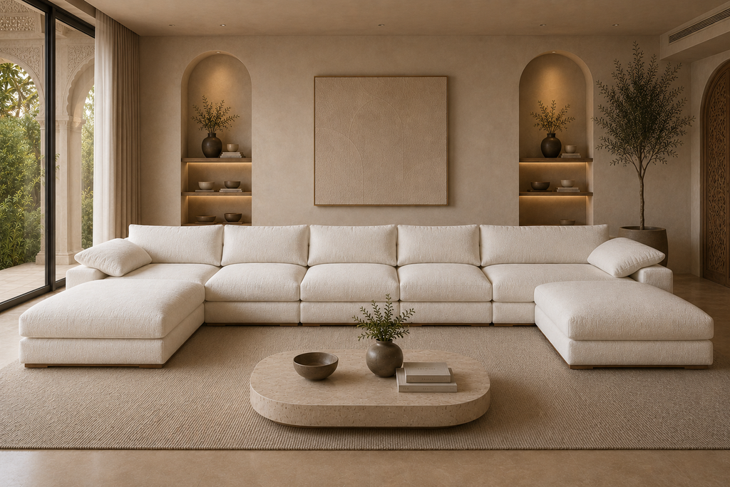 A modern, low-profile modular sectional sofa upholstered in off-white fabric, arranged in a spacious, minimalist living room with warm beige walls, built-in shelving, and a matching textured rug.