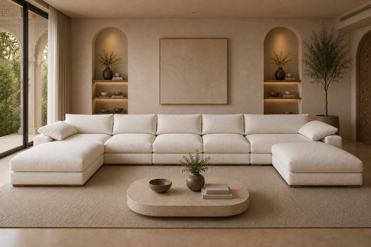 A modern, low-profile modular sectional sofa upholstered in off-white fabric, arranged in a spacious, minimalist living room with warm beige walls, built-in shelving, and a matching textured rug.