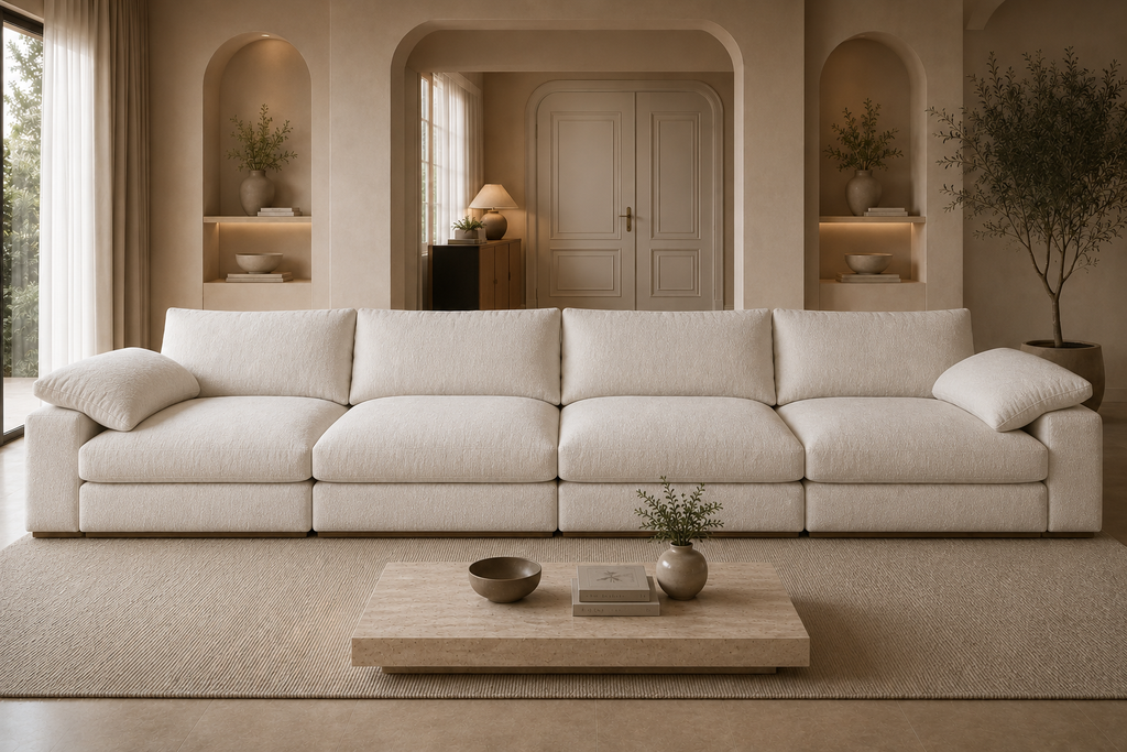 A modern, minimalist cream-colored sectional sofa in a beautifully styled, warm-toned living room with beige walls, built-in shelves, and a low wooden coffee table.