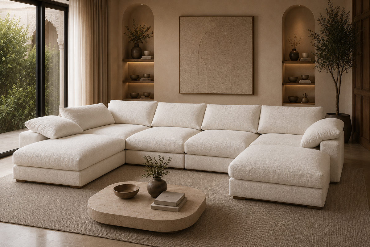 A large cream-colored modular sectional sofa with plush cushions, arranged in a modern living room with a matching textured rug, a round stone coffee table, and warm ambient lighting.
