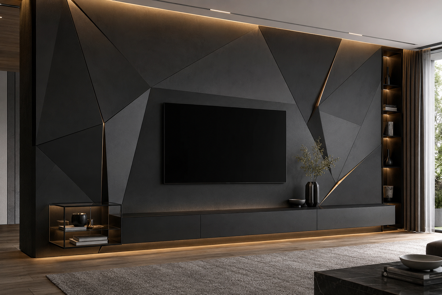 A modern living room featuring a large black geometric accent wall with integrated LED lighting, a black floating TV mount and media console, a gray rug, and a dark coffee table in the foreground.