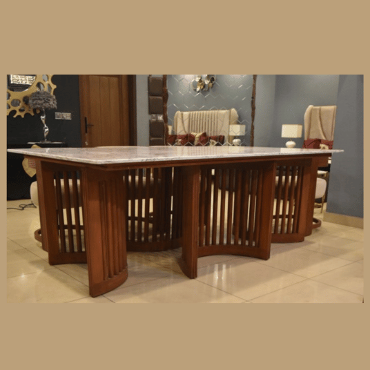 Mambo dining table with natural marble top and sculptural wooden base by Z Galleria