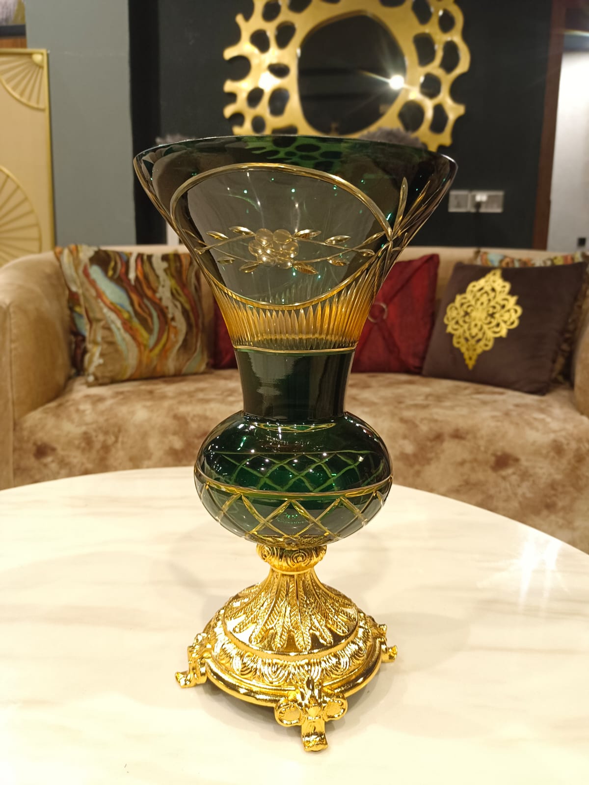 Glass flower vase styled with flowers