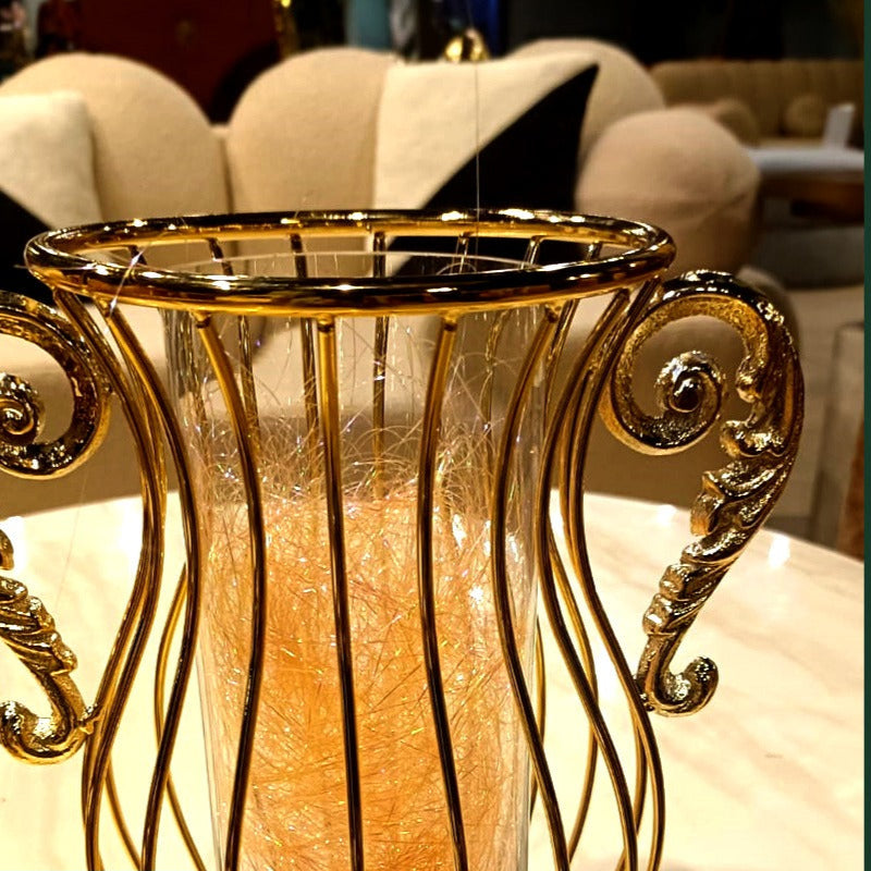 Gold stainless steel crystal vase detail view