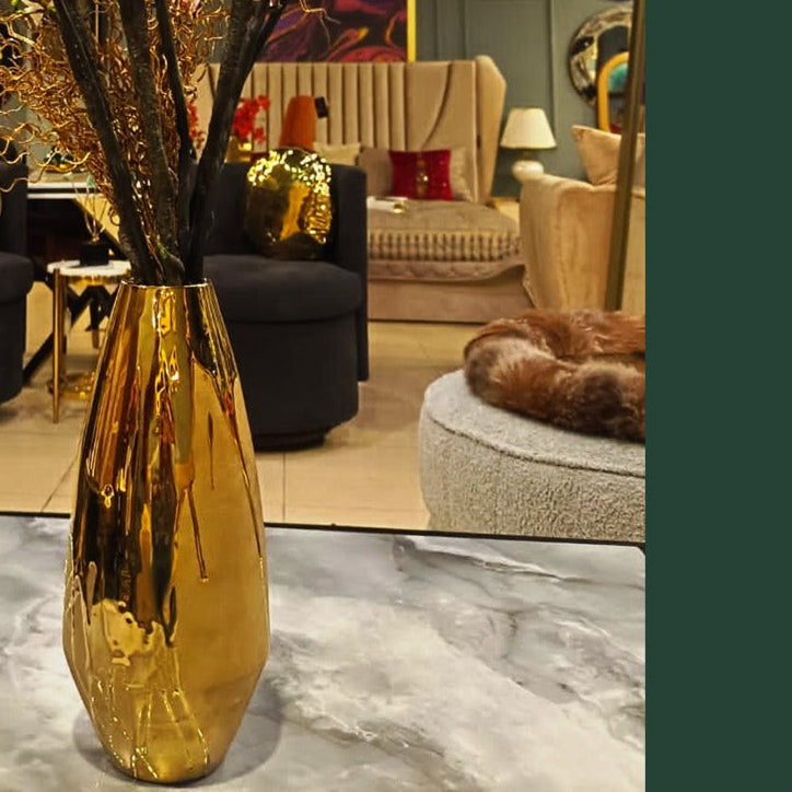 Golden ceramic flower vase side profile