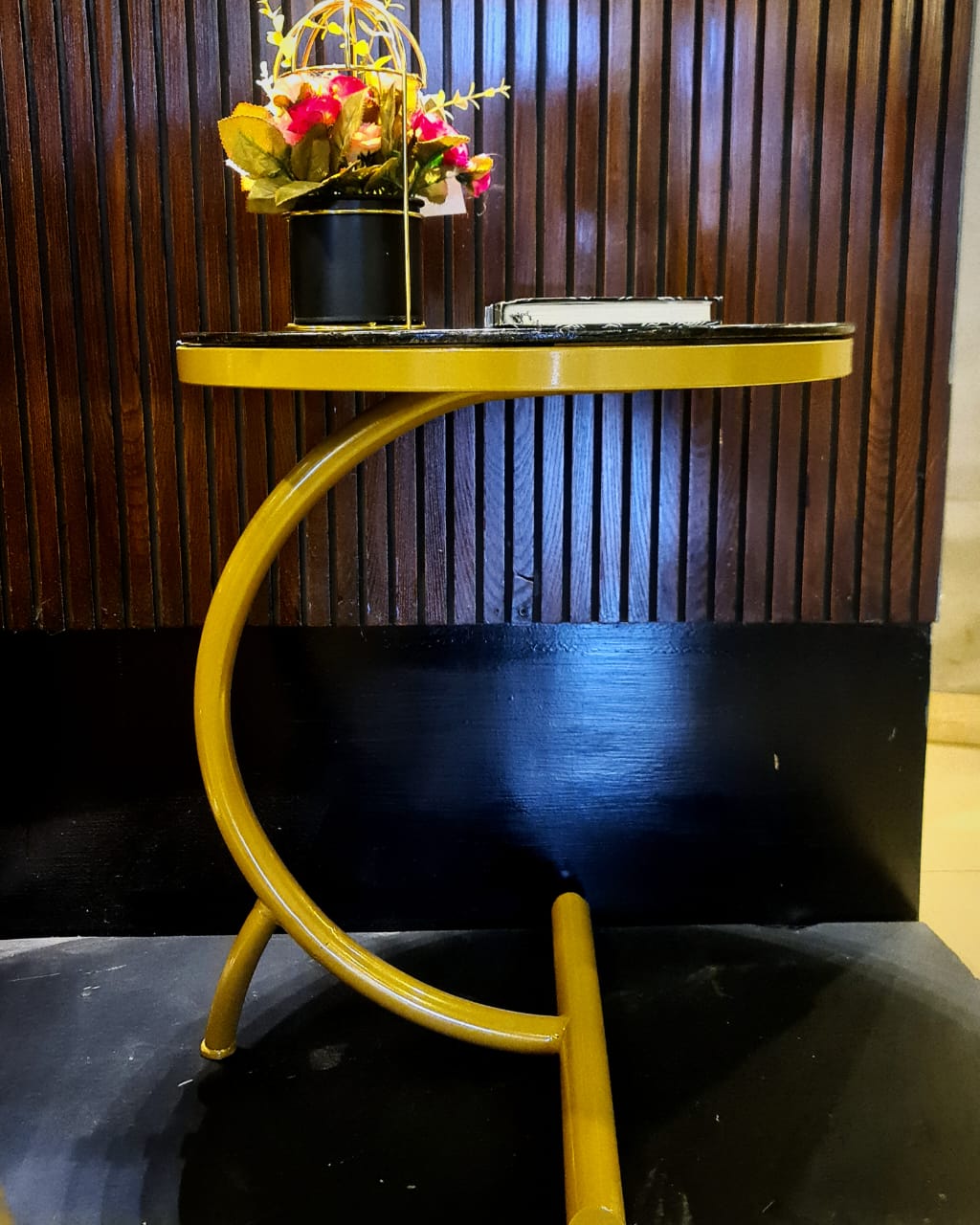 Luxury round sofa side table styled in a living room