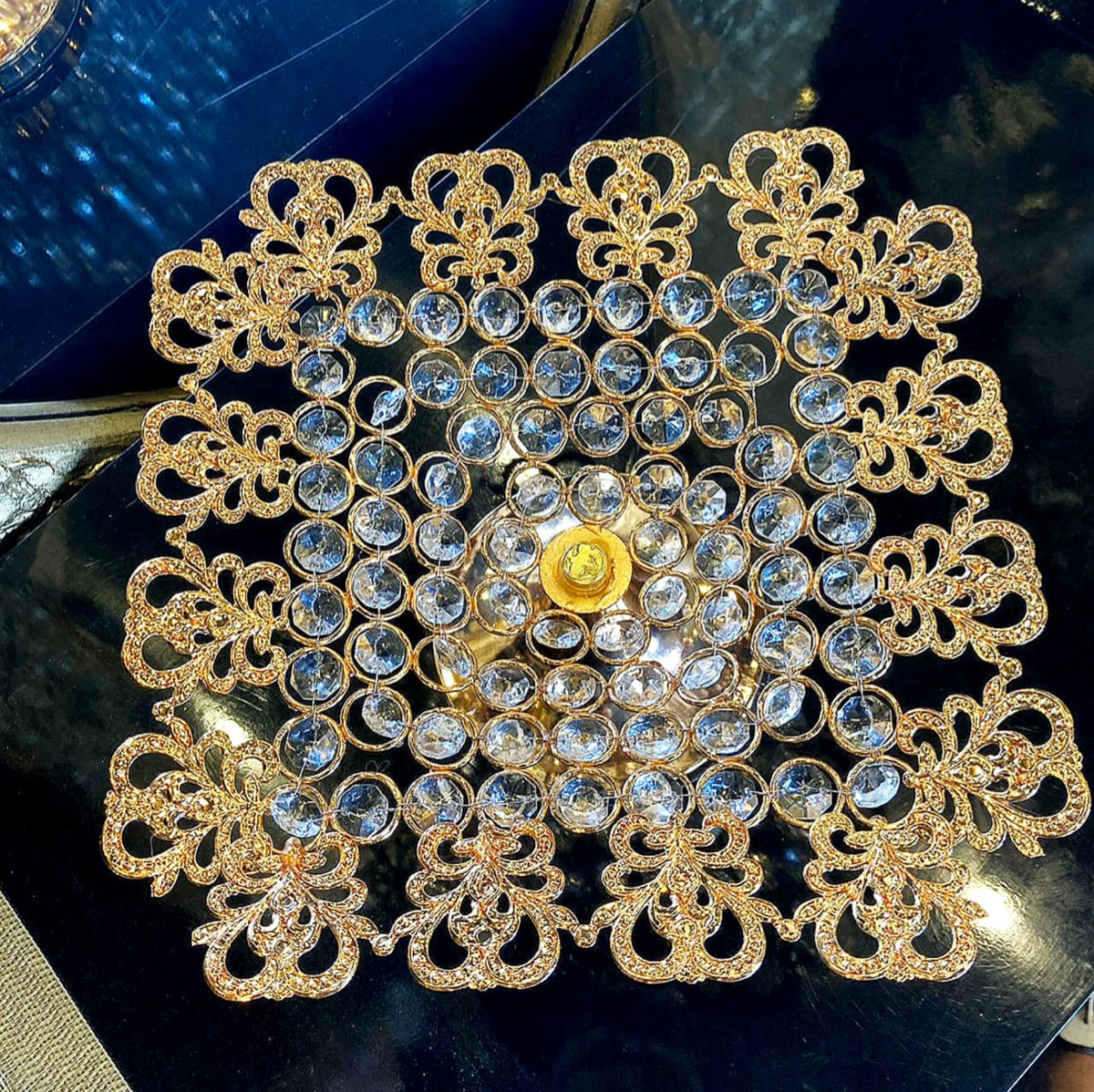 Golden crystal fruit serving platter side profile