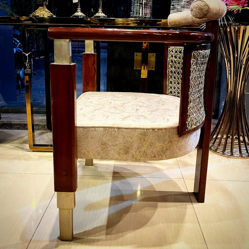 Curved-back solid wood rattan dining chair, angled view