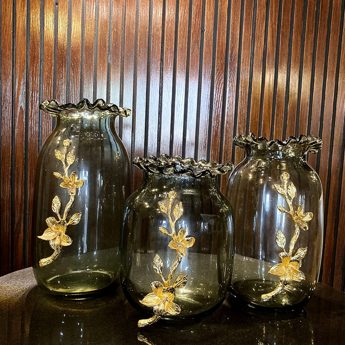 Matte black glass jar set detail view
