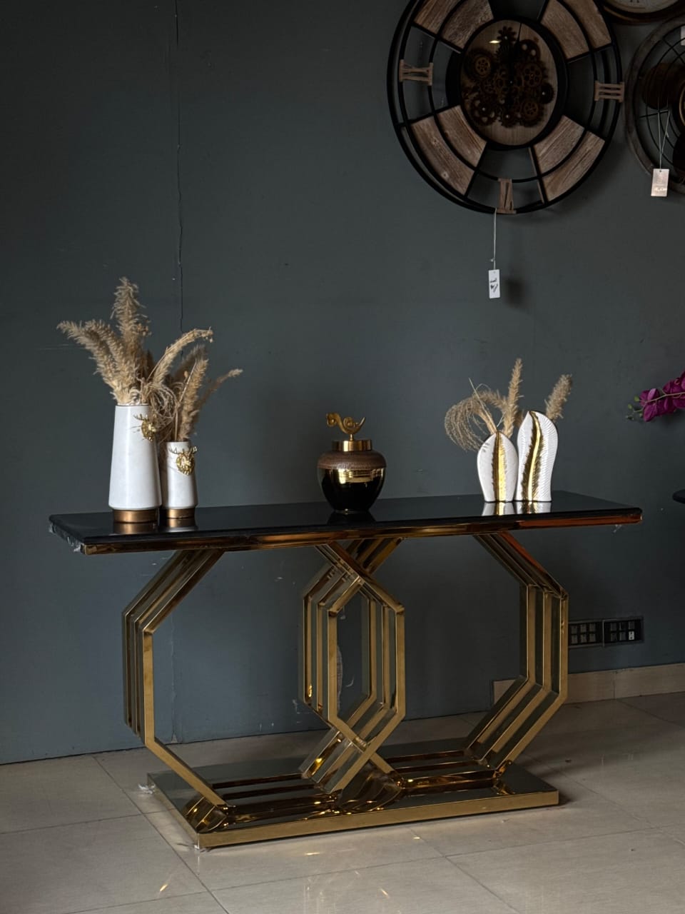 Premium black and gold console table side profile