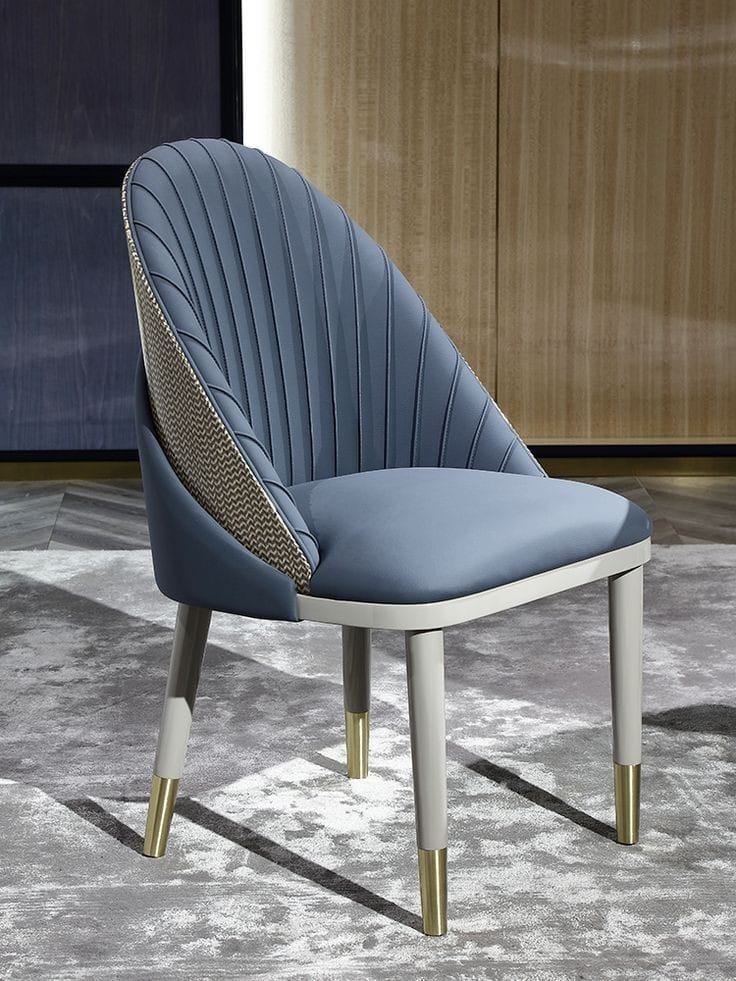 Royal blue upholstered dining chair with wooden frame