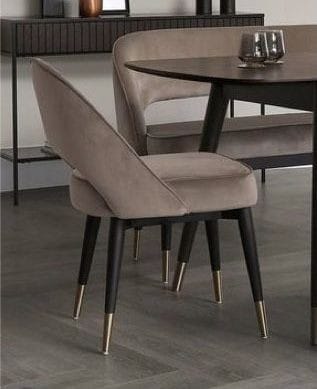 Grayish upholstered dining chair with wooden frame