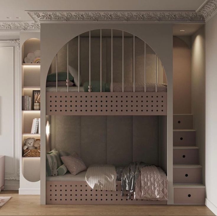 Arched two-tier kids' bunk bed with built-in staircase storage drawers and padded back panel