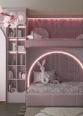 Light pink kids' bookshelf and bed set with built-in stairs and storage drawers