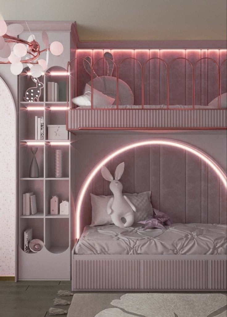 Light pink kids' bookshelf and bed set with built-in stairs and storage drawers