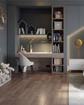 Kids' study desk and storage setup with chair