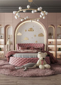 Pink padded upholstered kids' bed with soft headboard