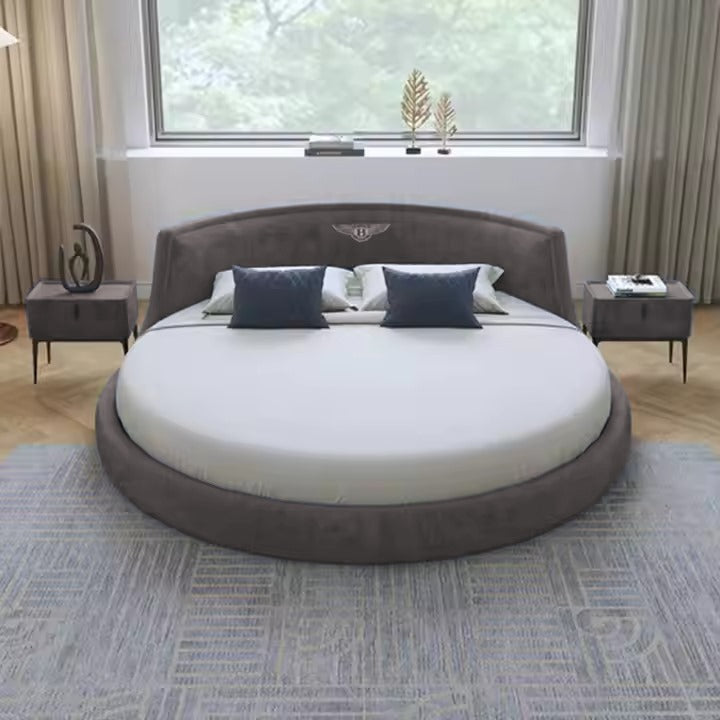 Gray round bed styled in a bedroom