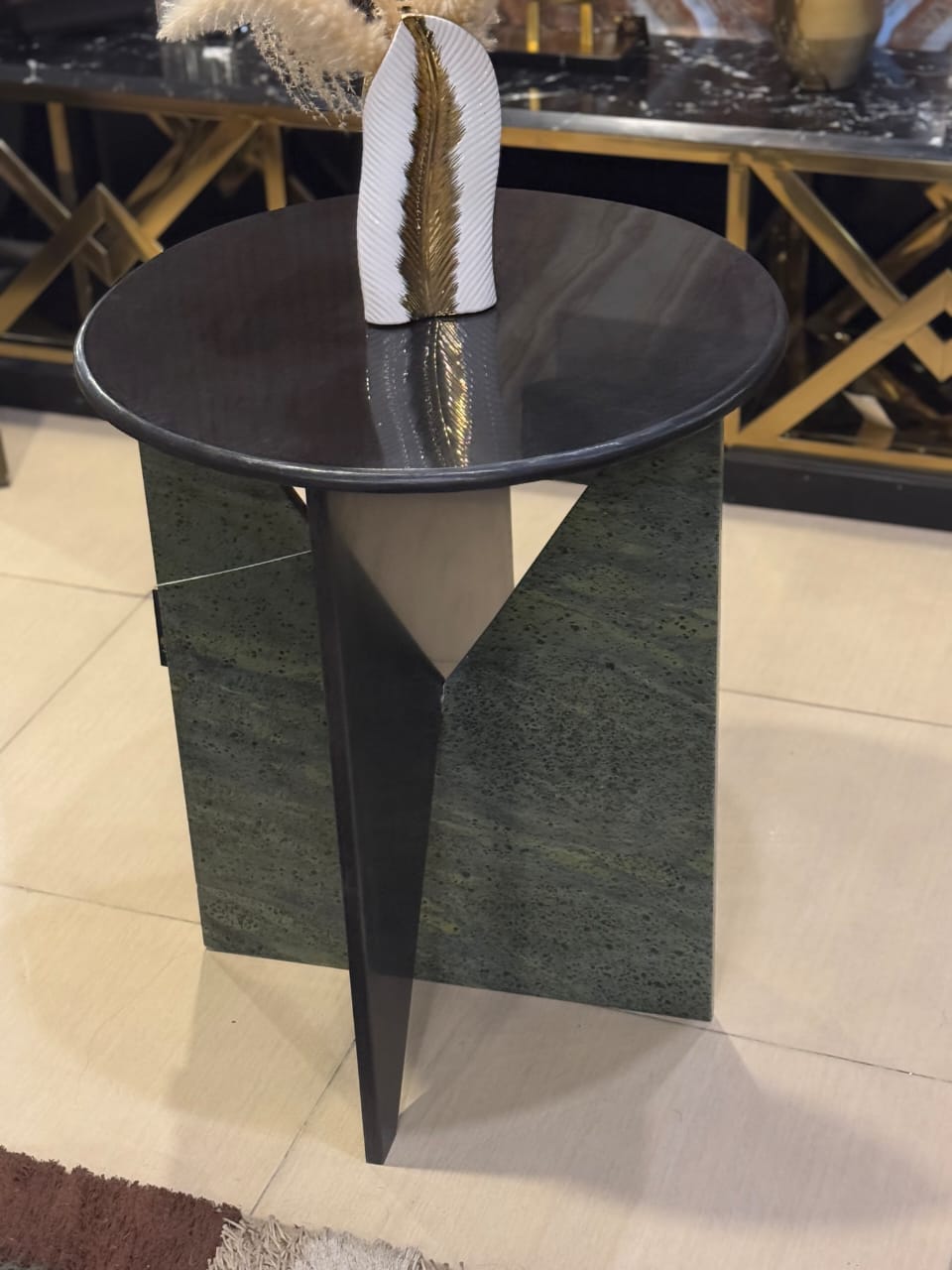 Black marble coffee table detail view