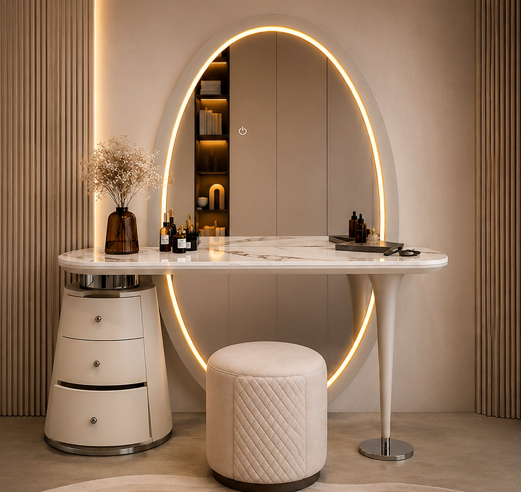 Ivory Halo Vanity Dressing Table with oval warm LED mirror, marble-inspired top, curved drawers and upholstered ottoman for luxury bedroom interiors in Pakistan