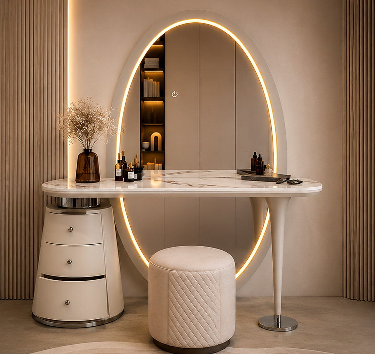 Ivory Halo Vanity Dressing Table with oval warm LED mirror, marble-inspired top, curved drawers and upholstered ottoman for luxury bedroom interiors in Pakistan
