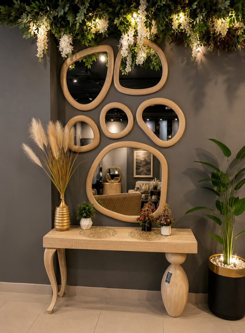 A decorative wall mirror set with irregular organic shapes in light natural wood, mounted above a matching wooden console table against a dark gray wall. The scene is styled with hanging greenery and lights, pampas grass in a gold vase, small plants, and a potted plant.