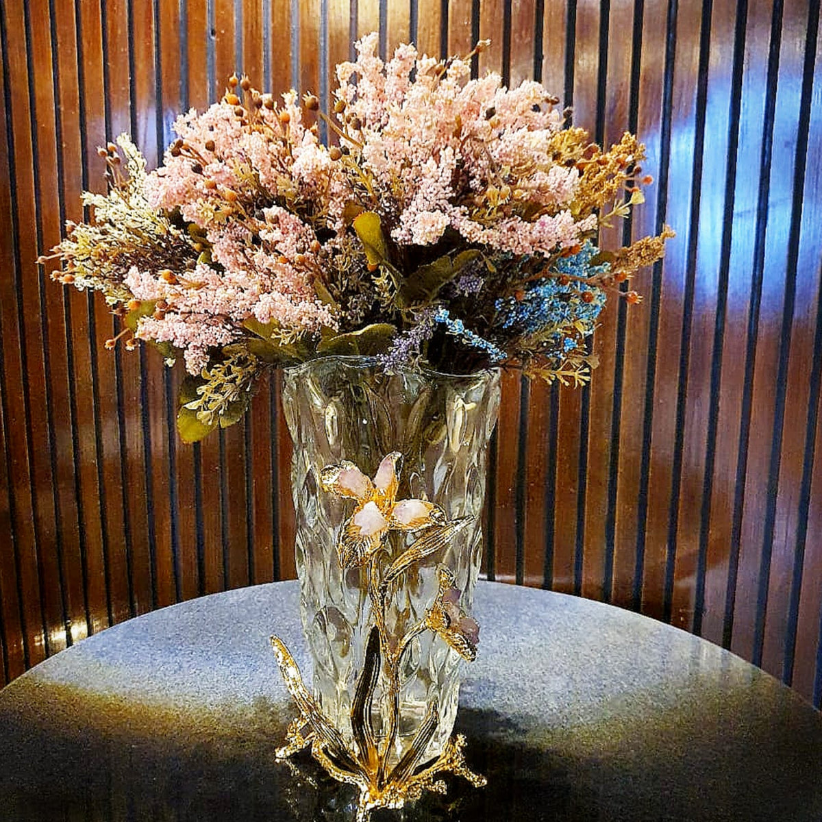 Glass Vase Metal Relief Golden Flower