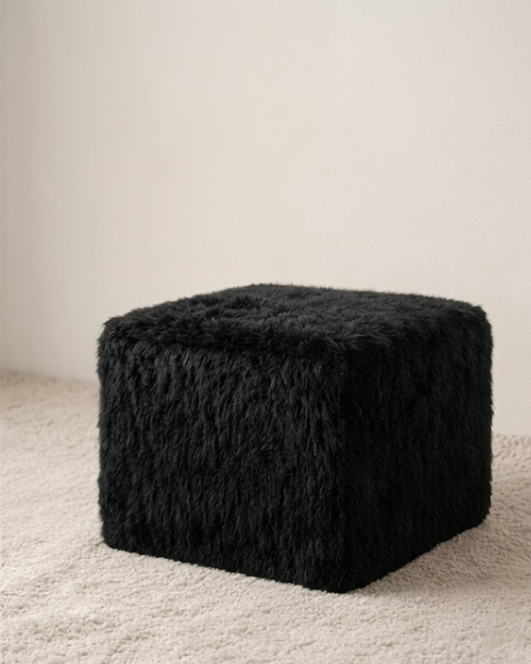 Black Faux Fur Storage Ottoman detail view
