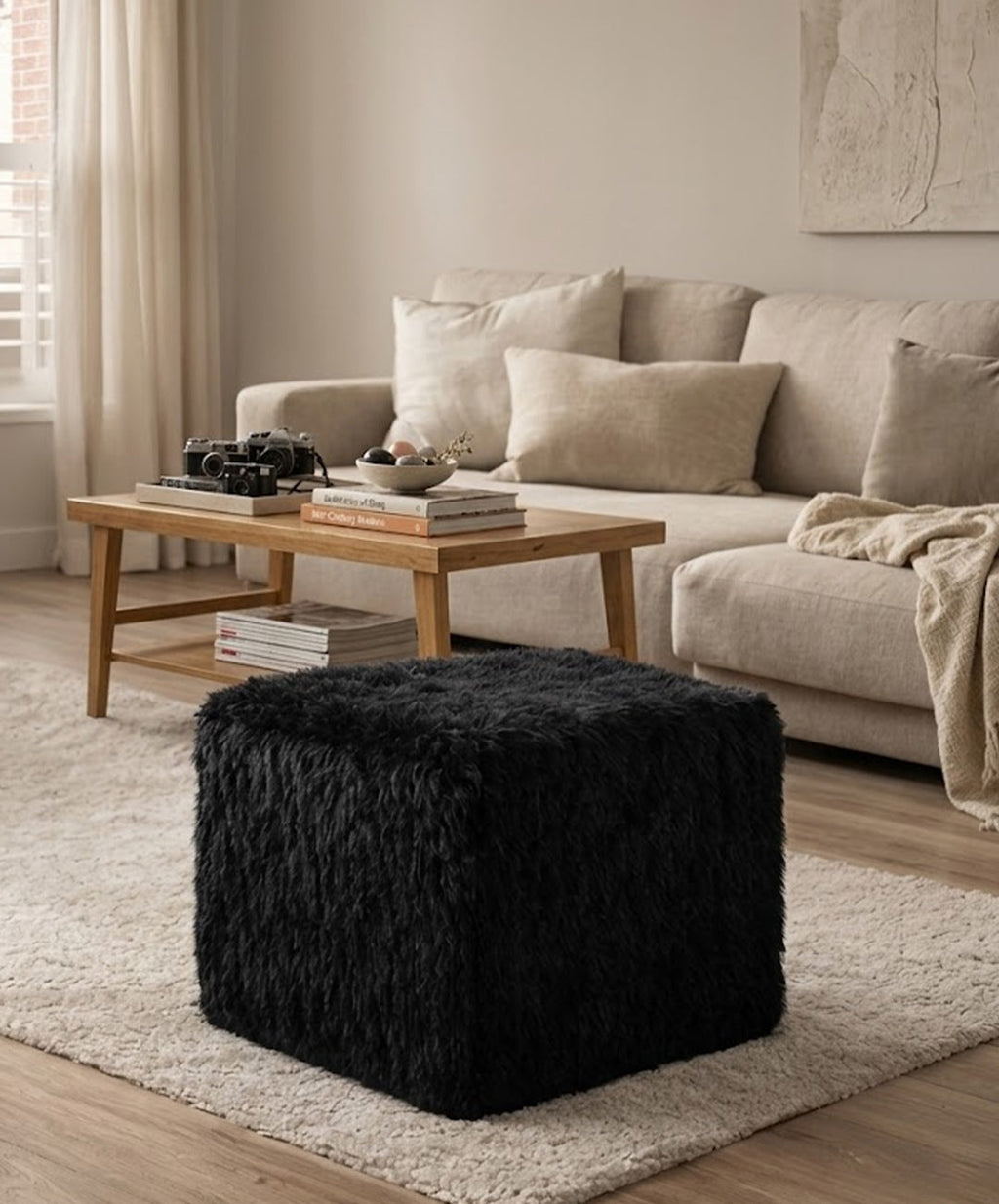 Black Faux Fur Storage Ottoman side profile