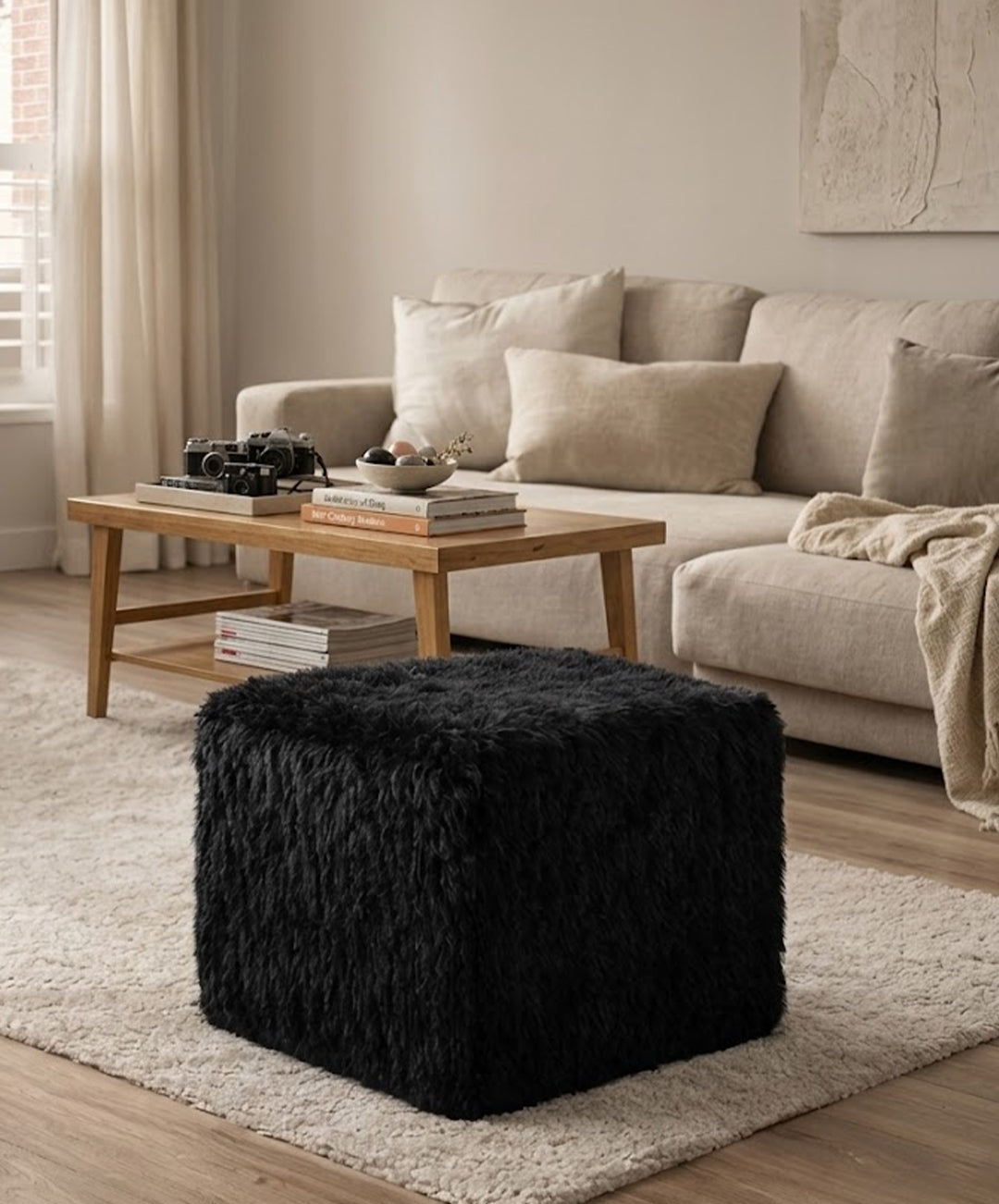 Black Faux Fur Storage Ottoman side profile