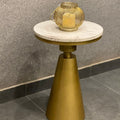 Round iron side table in gold and white with wooden top