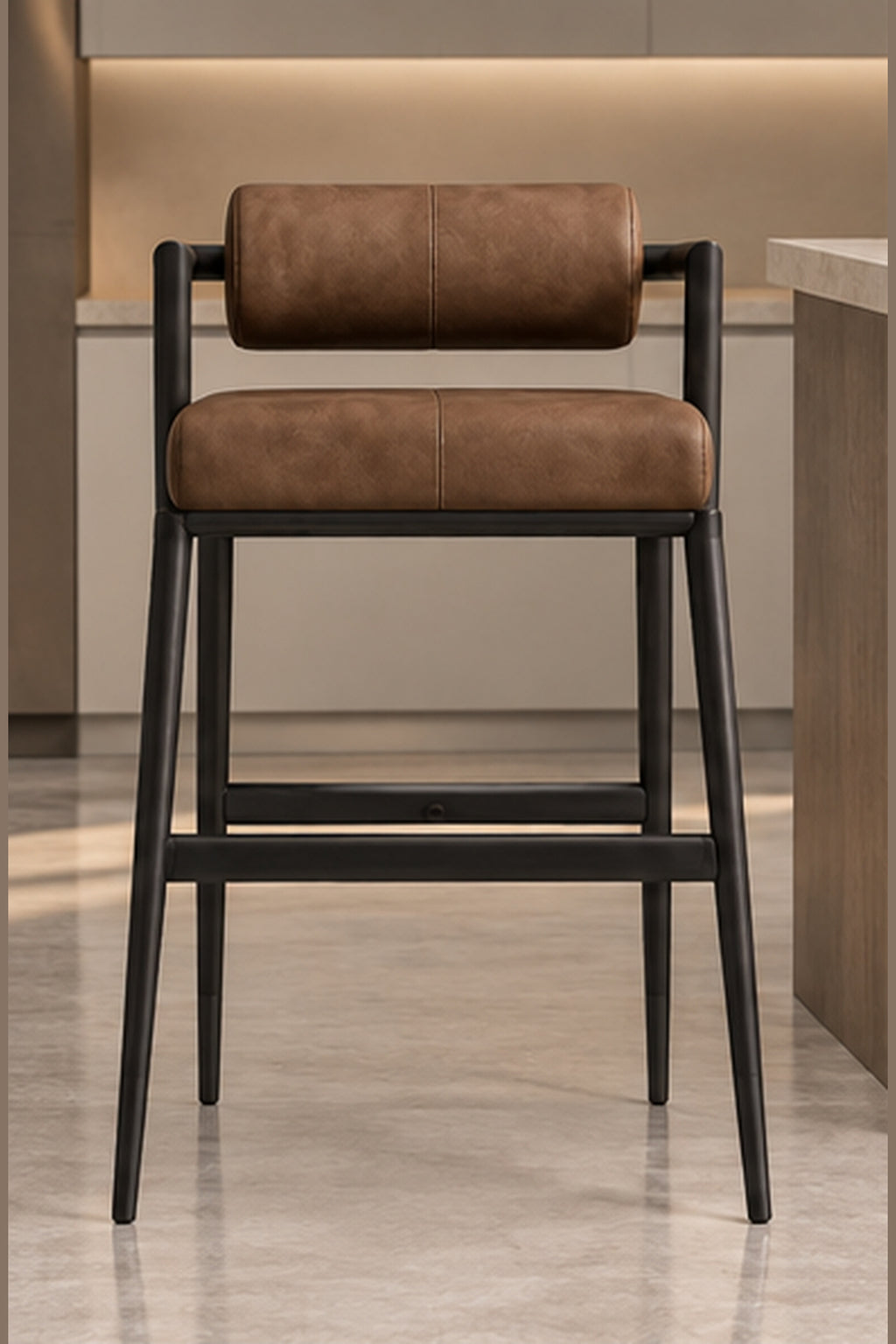 Arden Roll-Back Bar Stool in brown leatherite with dark MS frame, front view