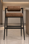 Arden Roll-Back Bar Stool in brown leatherite with dark MS frame, front view