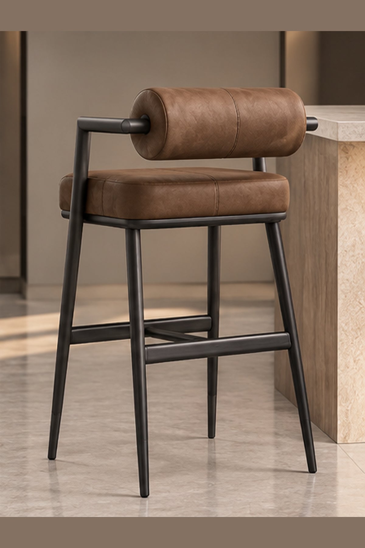 Arden Roll-Back Bar Stool in brown leatherite with dark MS frame, rear three-quarter view