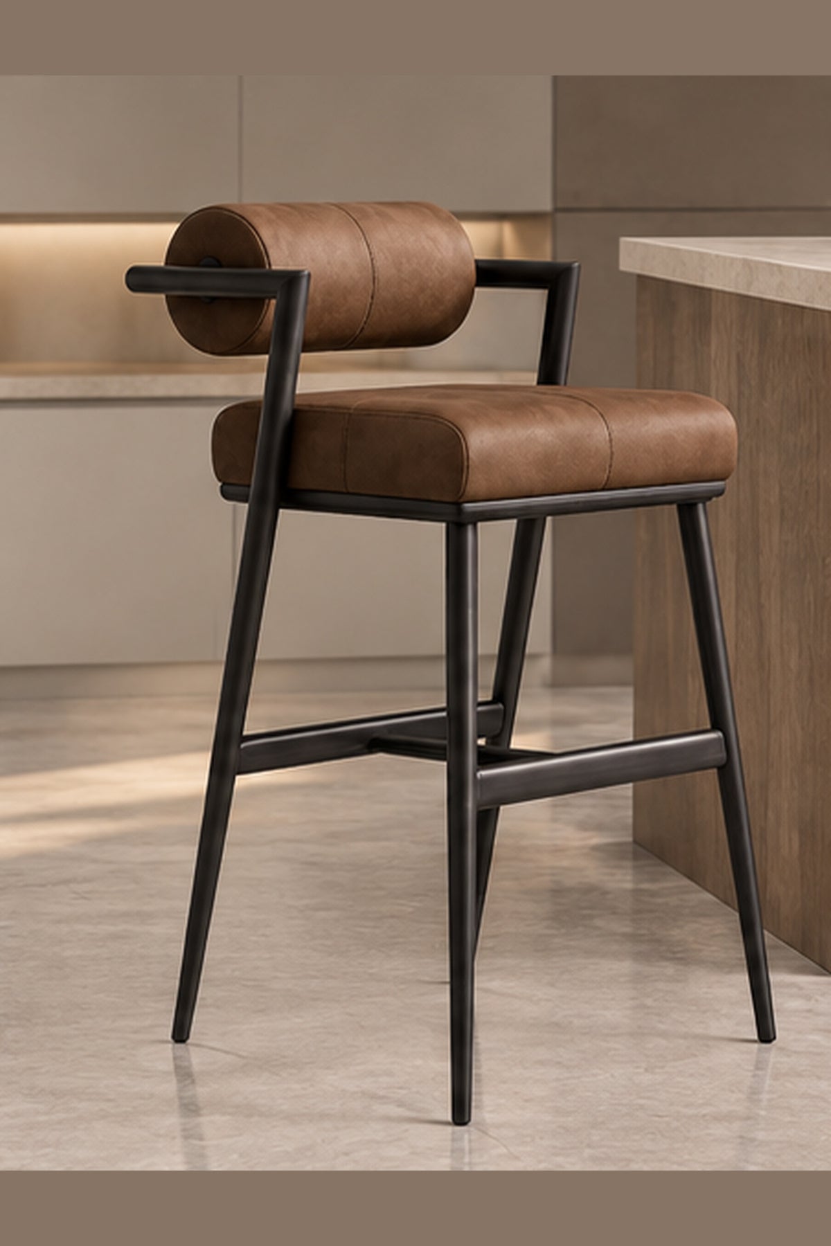 Arden Roll-Back Bar Stool in brown leatherite with MS frame, three-quarter view