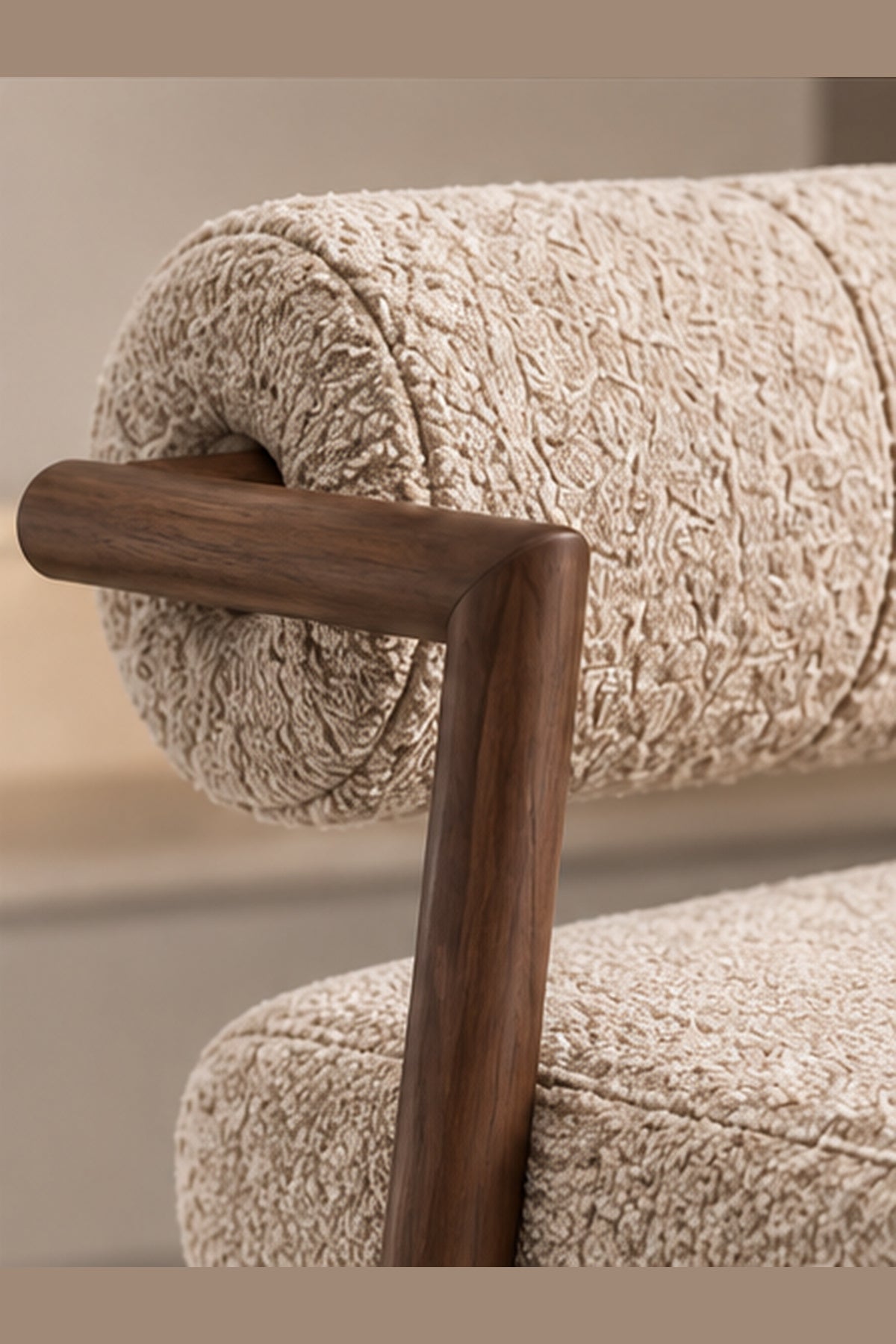 Arden Roll-Back Bar Stool ivory boucle and solid wood detail view