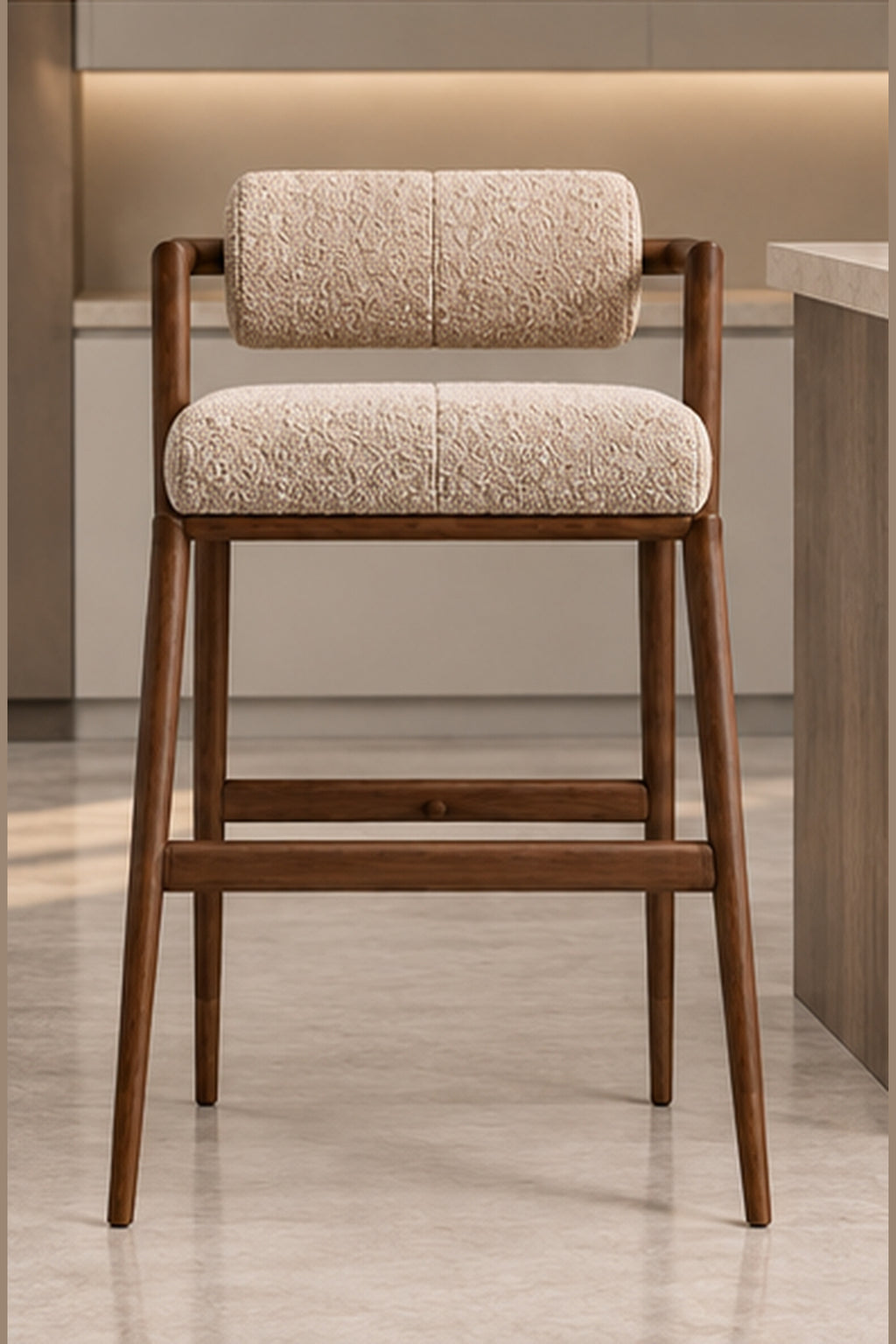 Arden Roll-Back Bar Stool in ivory boucle with solid wood structure, front view