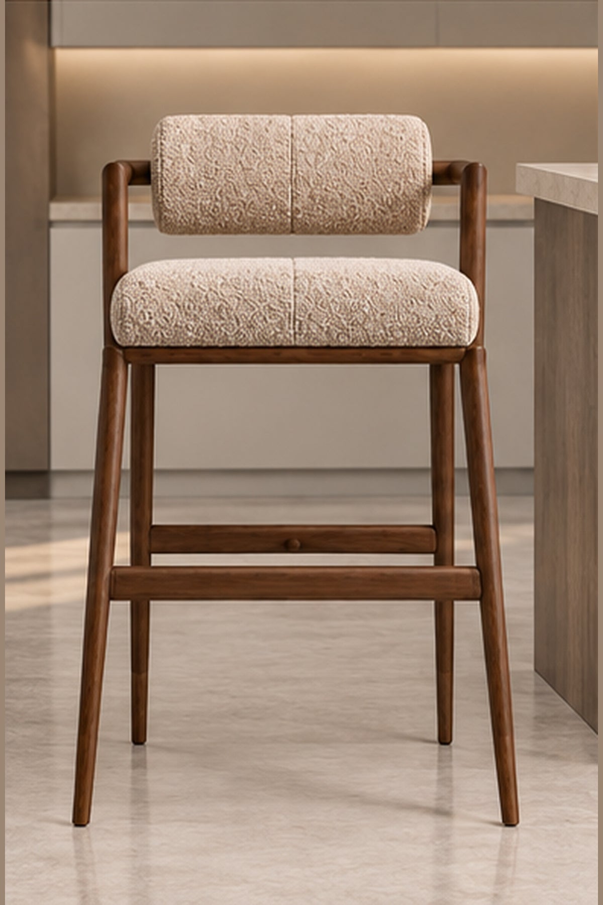 Arden Roll-Back Bar Stool in ivory boucle with solid wood structure, front view