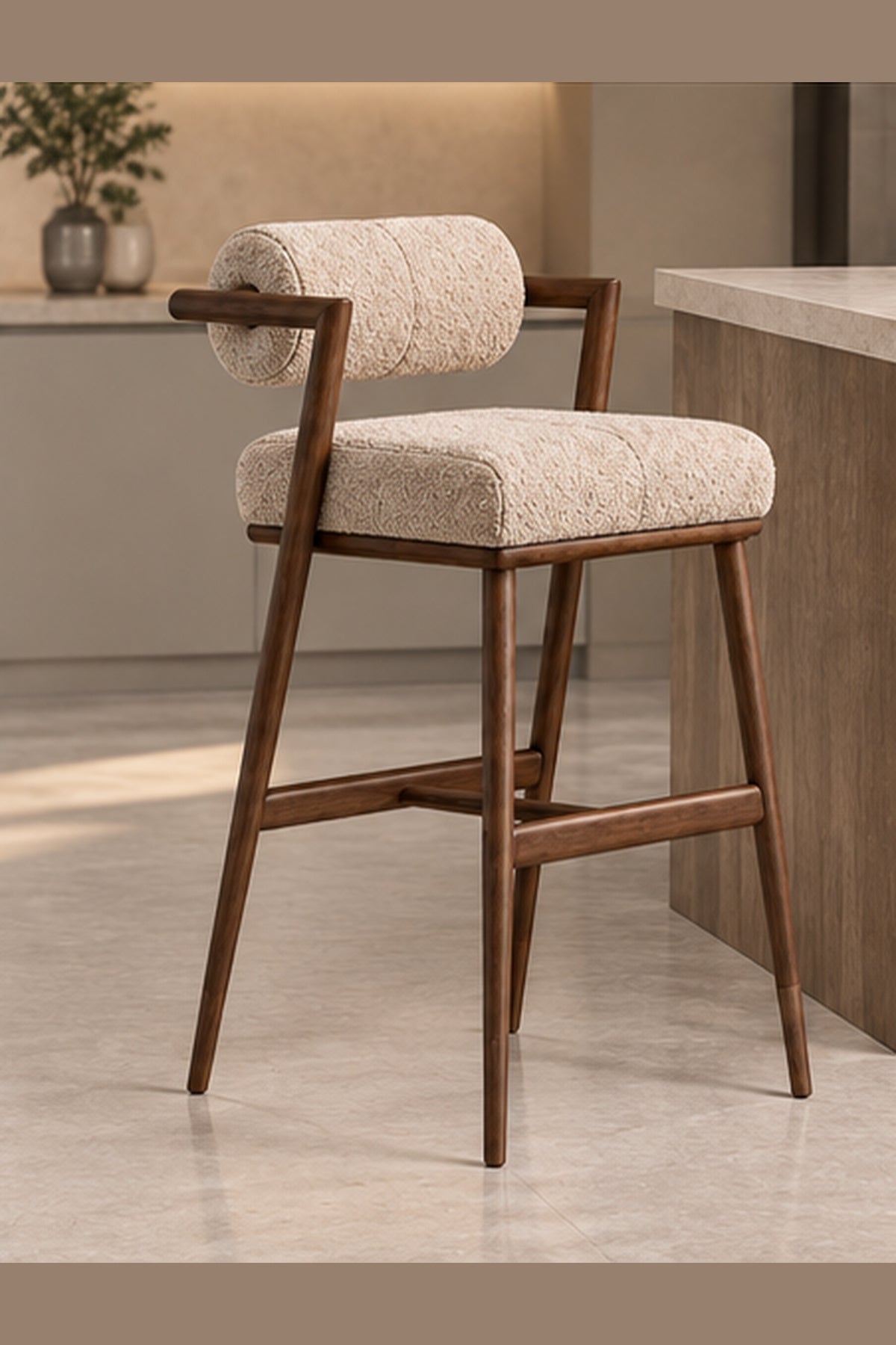 Arden Roll-Back Bar Stool in ivory boucle with solid wood structure, three-quarter view